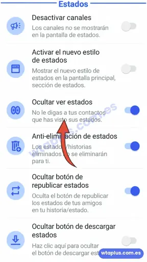 Sección Estados de WhatsApp Plus con la opción Ocultar ver estados activada