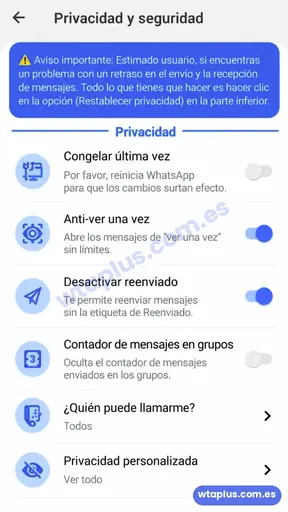 Ajustes de privacidad de WhatsApp Plus con la opción Anti-ver una vez para abrir mensajes de ver una vez sin límites