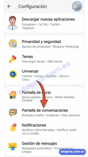 Menú Configuración de WhatsApp Plus con la opción Pantalla de conversaciones señalada