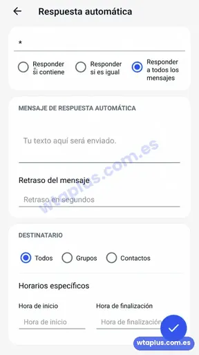 Pantalla de Respuesta automática de WhatsApp Plus con destinatarios y horarios