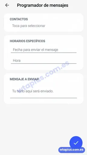 Pantalla del Programador de mensajes de WhatsApp Plus para enviar mensajes en fecha y hora