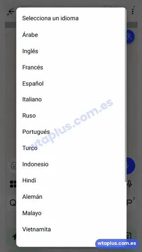 Selector de idioma de WhatsApp Plus con español, inglés, portugués y más
