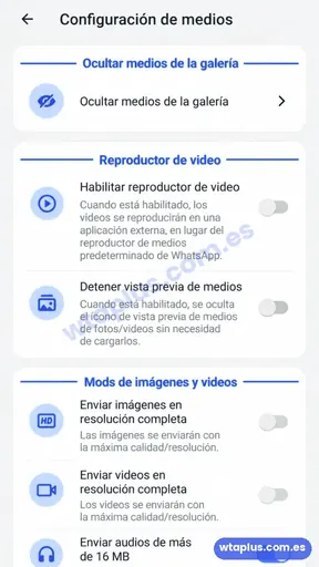 Configuración de medios de WhatsApp Plus para enviar imágenes y videos en resolución completa